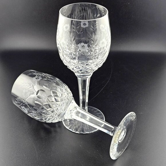2) Fine Etched Floral Cut Crystal Wine Cocktail Glasses 6 3/4" Yugoslavia 6oz - Picture 3 of 12